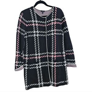 TALBOTS Knit Long Sweater Cardigan Topper Black White & Pink - Large Petite